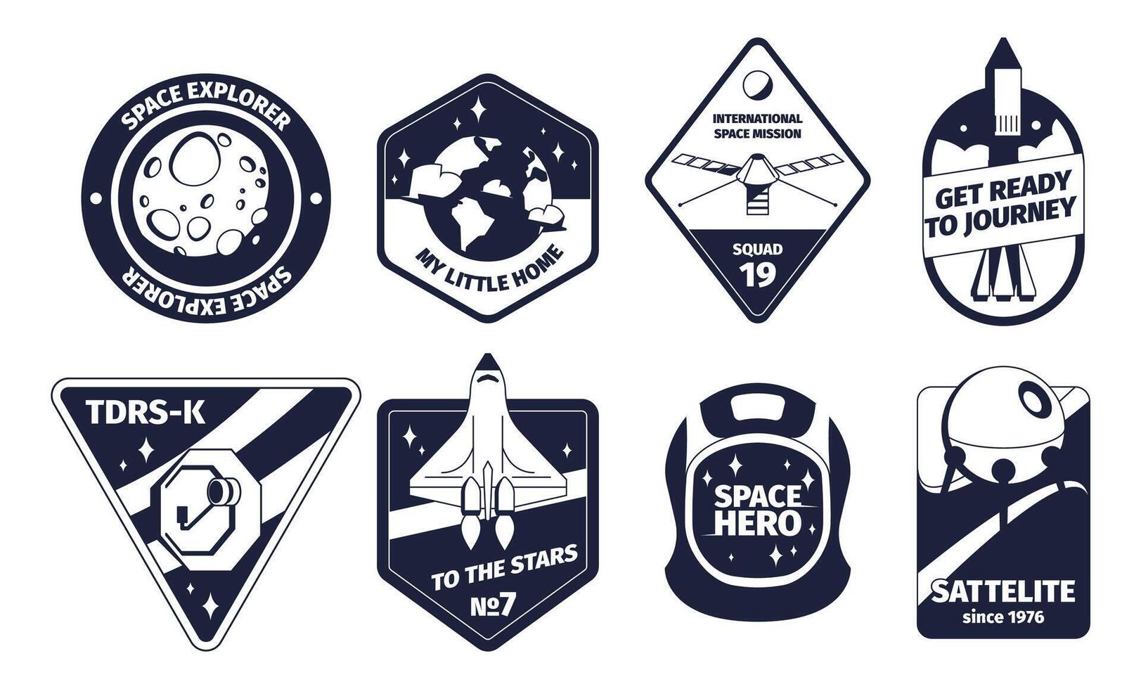 Vintage space emblem. Retro monochrome labels with galaxy rocket shuttle stars and planets, classic space symbols in premium quality stickers. Vector set