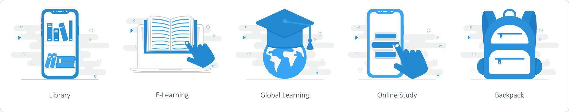 A set of 5 Mix icons as library, e-learning, global learning vector