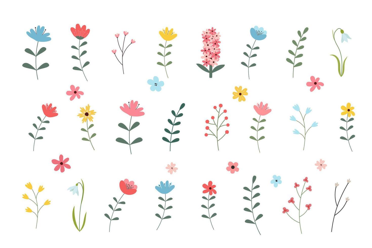 Flower collection with leaves, floral bouquets. Vector flowers. Spring art print with botanical elements. Happy Easter. Folk style. Posters for the spring holiday. icons isolated on white background.