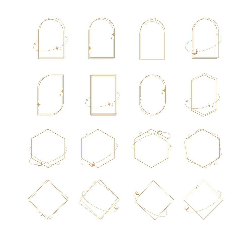Modern minimalist aesthetic line elements, trendy linear frames with stars, geometric forms. Arch frame with sparkles for social media or poster design, simple decorative boho style border vector set