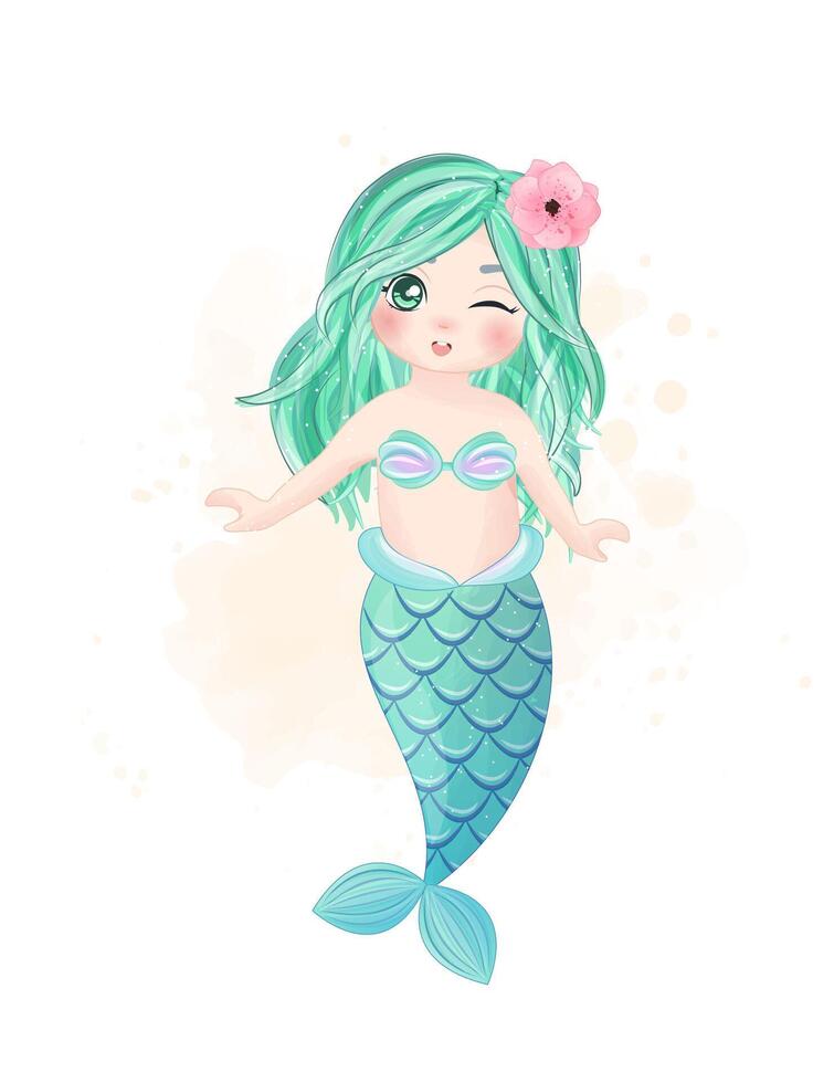 Watercolor Illustration set of cute mermaid and elements vector