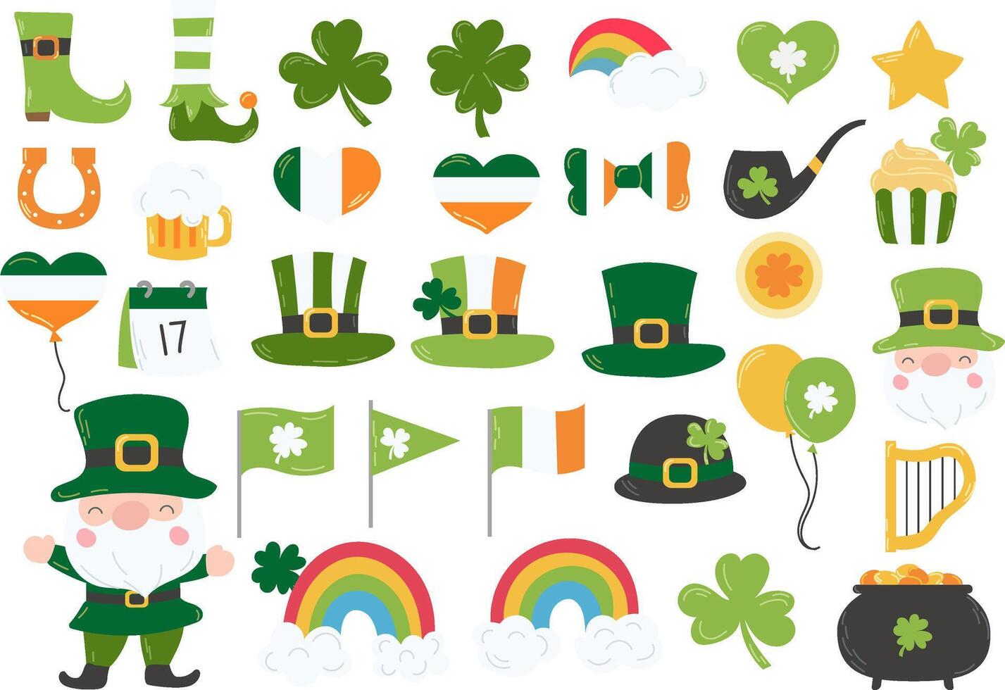 Happy St. Patrick's Day elements mega set with green clover, shamrock, green ale, gold coins pot, and rainbow on white background. St. Patrick's Day typography mega bundle. Saint Patrick's Day ... vector