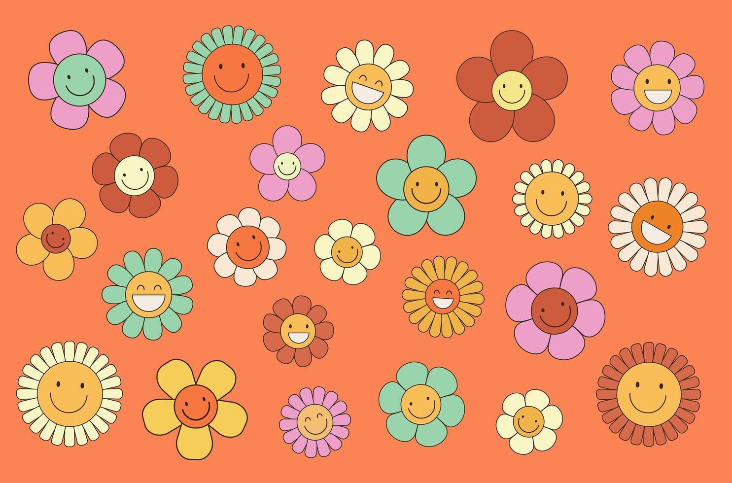 Groovy hippie 70s set. Funny cartoon flower, rainbow, peace, Love, heart, daisy, mushroom etc. Sticker pack in trendy retro psychedelic cartoon style. Isolated vector illustration. Flower power.