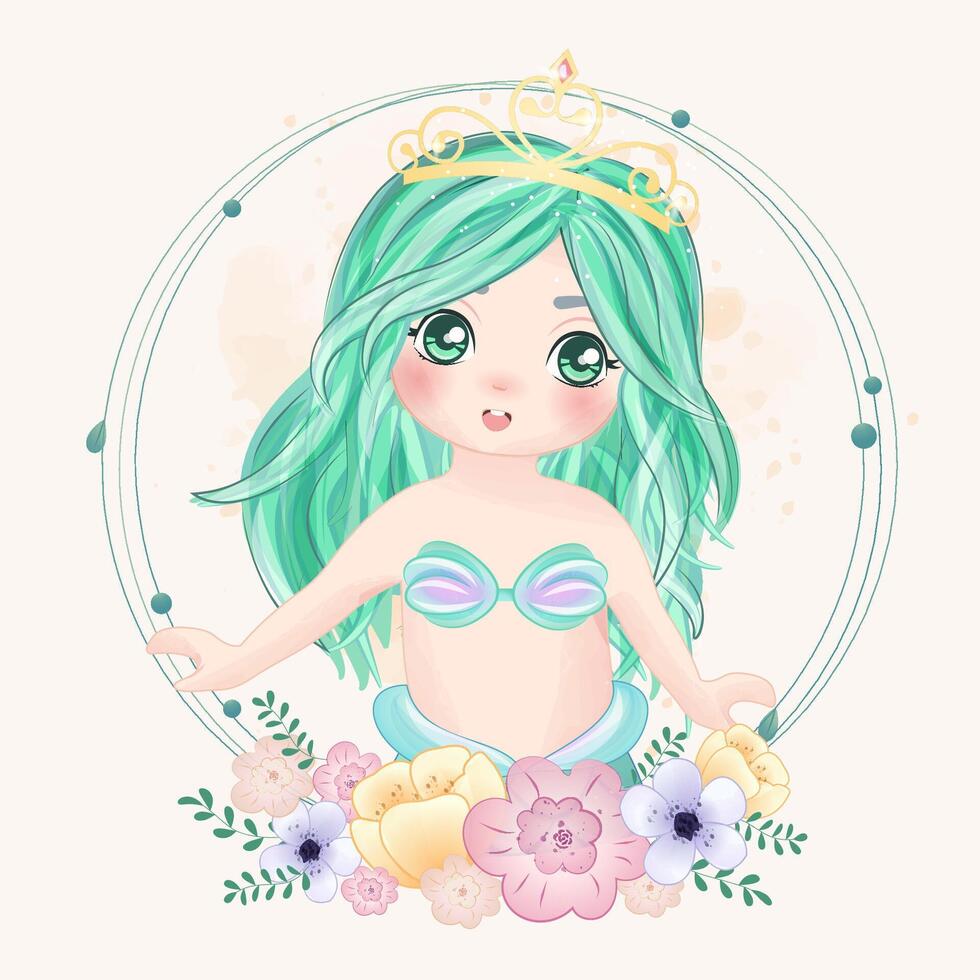 Watercolor Illustration set of cute mermaid and elements vector
