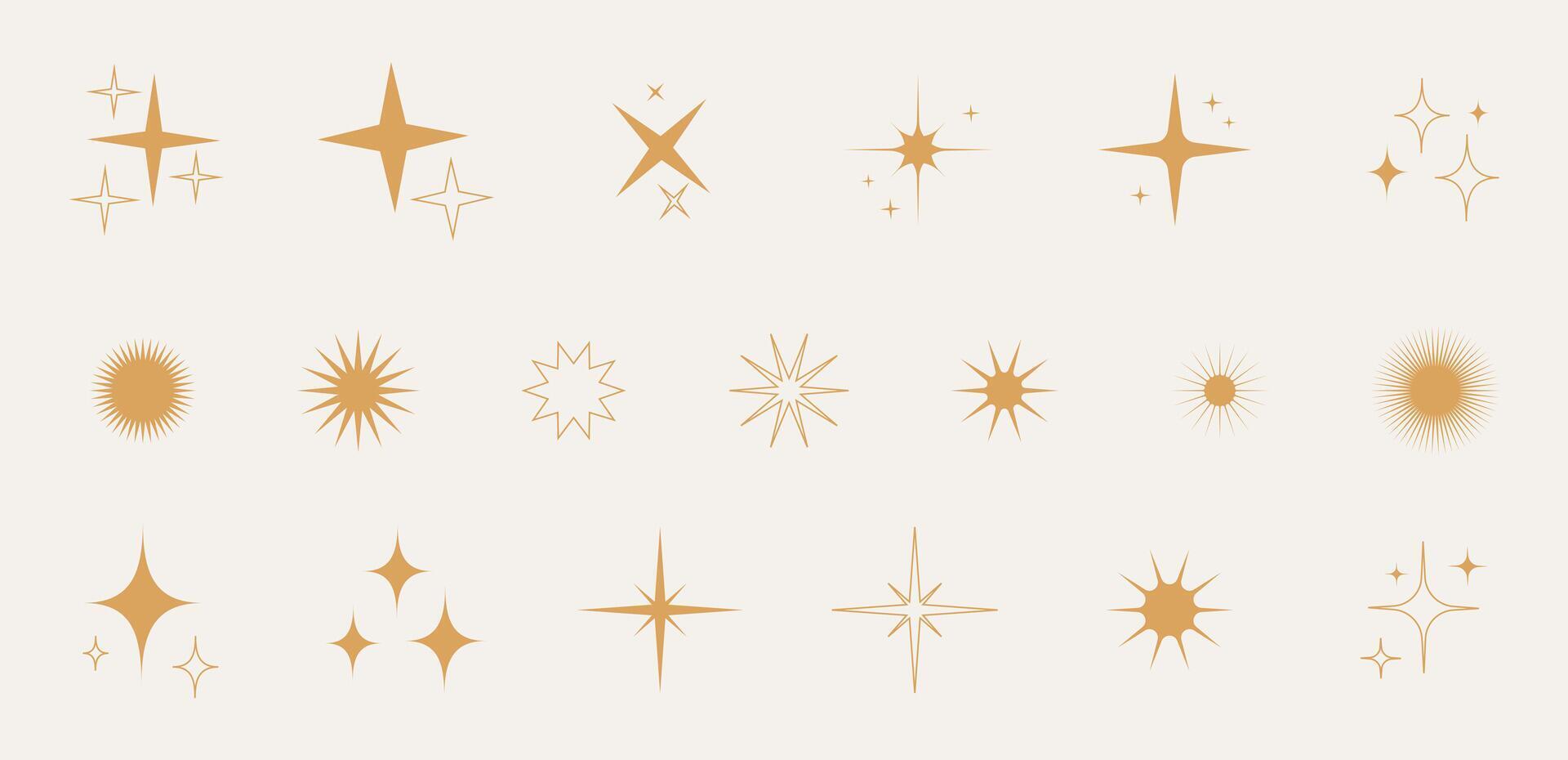 moderno minimalista estético línea elementos, de moda lineal marcos con estrellas, geométrico formularios arco marco con destellos para social medios de comunicación o póster diseño, sencillo decorativo boho estilo frontera vector conjunto