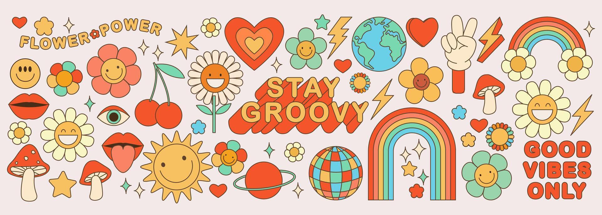 Groovy hippie 70s set. Funny cartoon flower, rainbow, peace, Love, heart, daisy, mushroom etc. Sticker pack in trendy retro psychedelic cartoon style. Isolated vector illustration. Flower power.