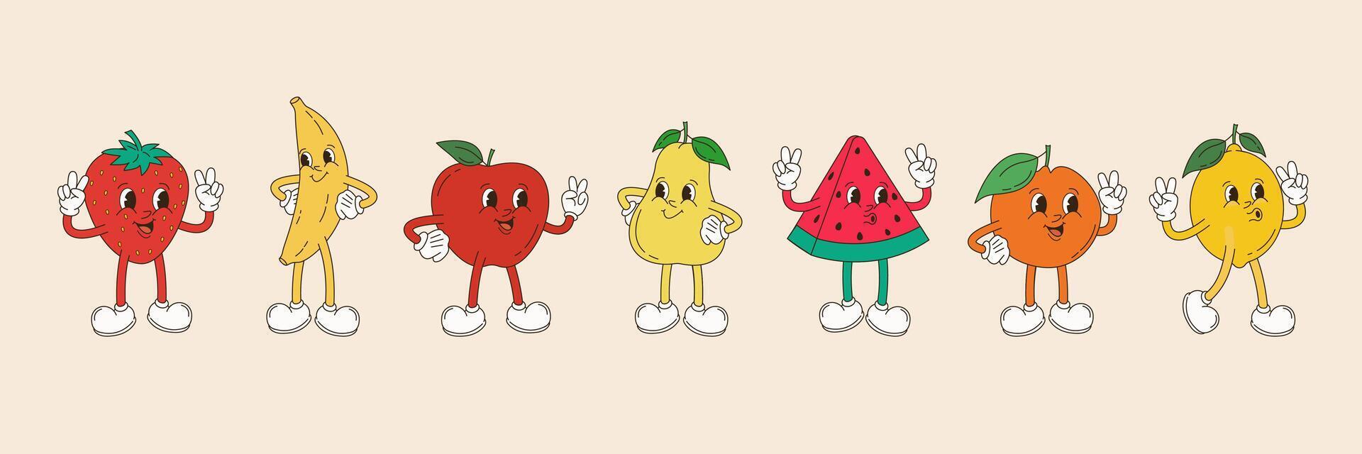 retro dibujos animados personaje Fruta colocar. vector gracioso ilustración con banana, cereza, limón, fresa, sandía