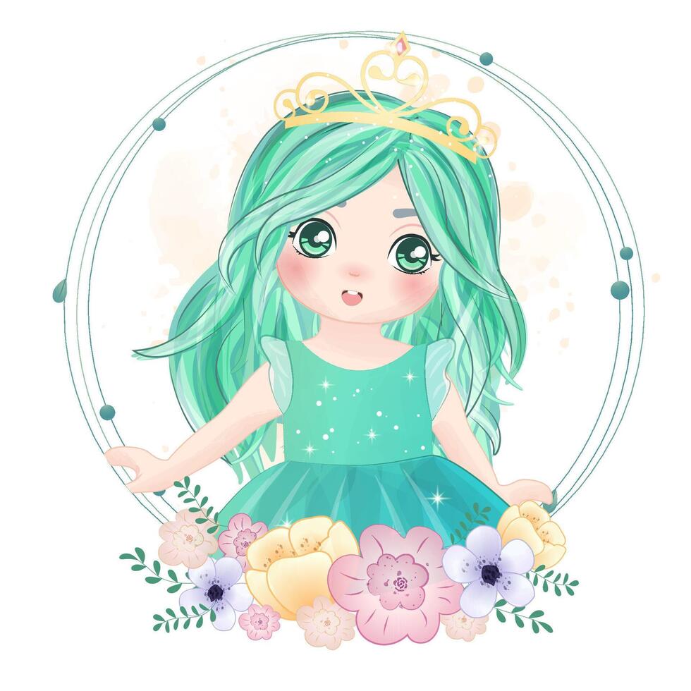 Watercolor Illustration set of cute mermaid and elements vector