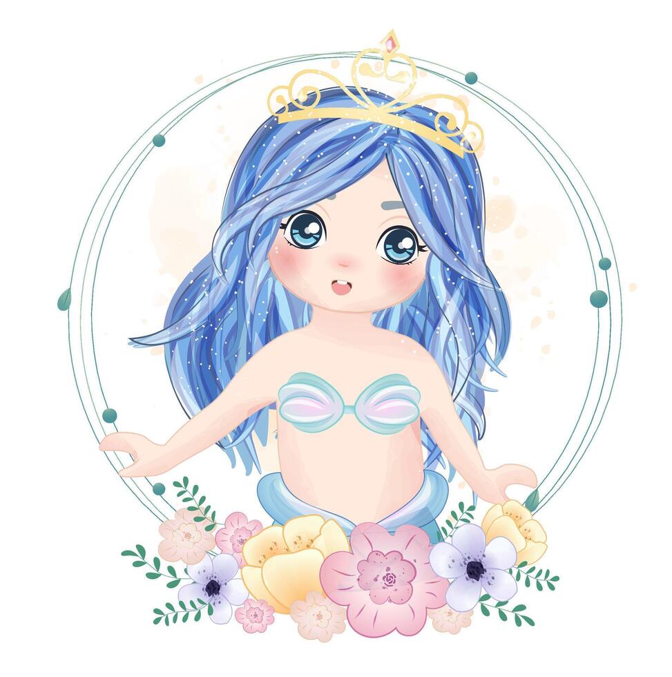 Watercolor Illustration set of cute mermaid and elements vector
