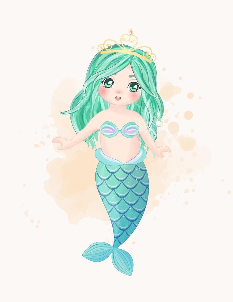 Watercolor Illustration set of cute mermaid and elements vector