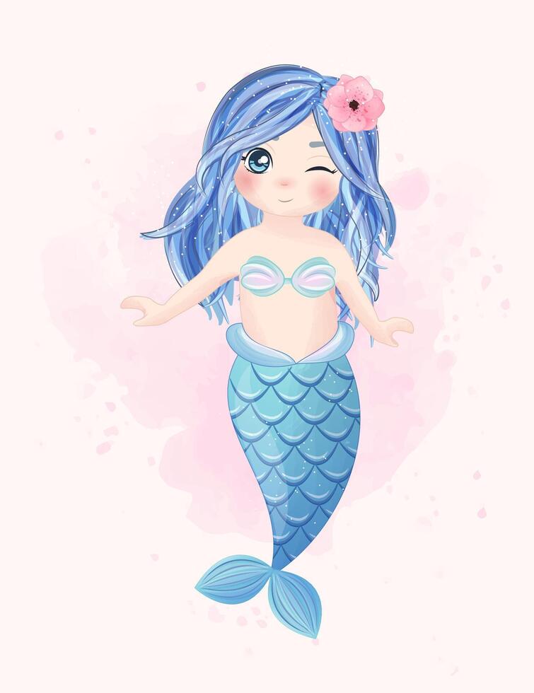 acuarela ilustración conjunto de linda sirena y elementos vector