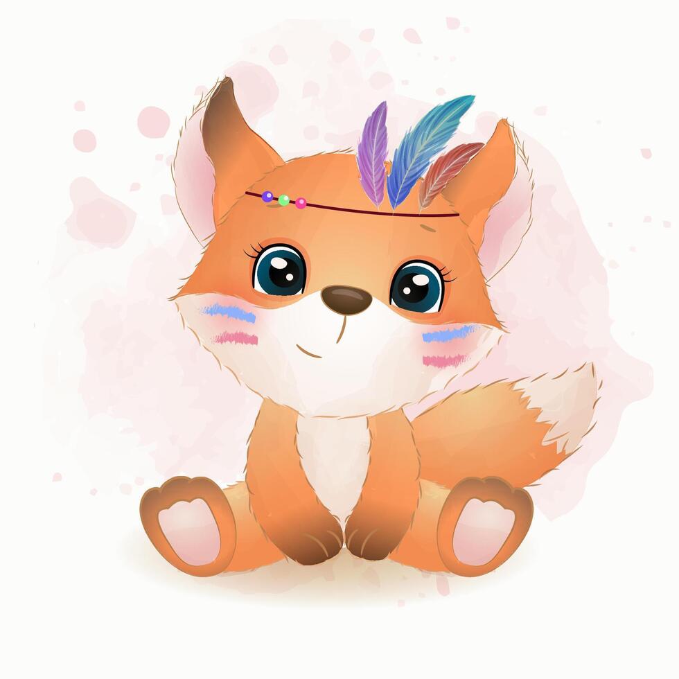 Watercolor set of forest cartoon isolated cute baby fox, lion,bear,bunny, and animal with flowers. Nursery woodland illustration. Bohemian boho drawing for nursery poster, pattern vector