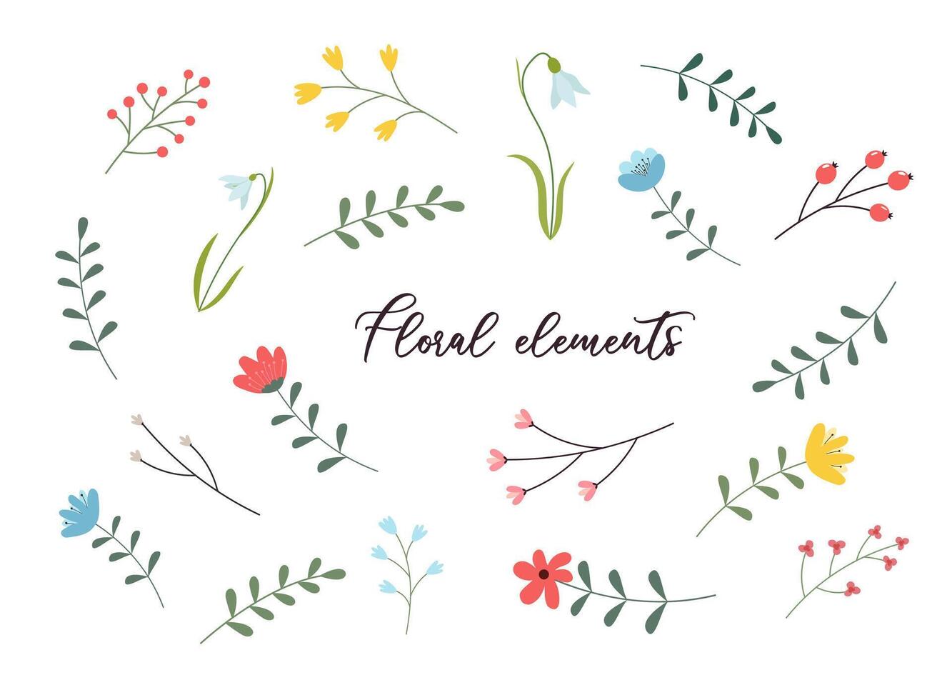 Flower collection with leaves, floral bouquets. Vector flowers. Spring art print with botanical elements. Happy Easter. Folk style. Posters for the spring holiday. icons isolated on white background.