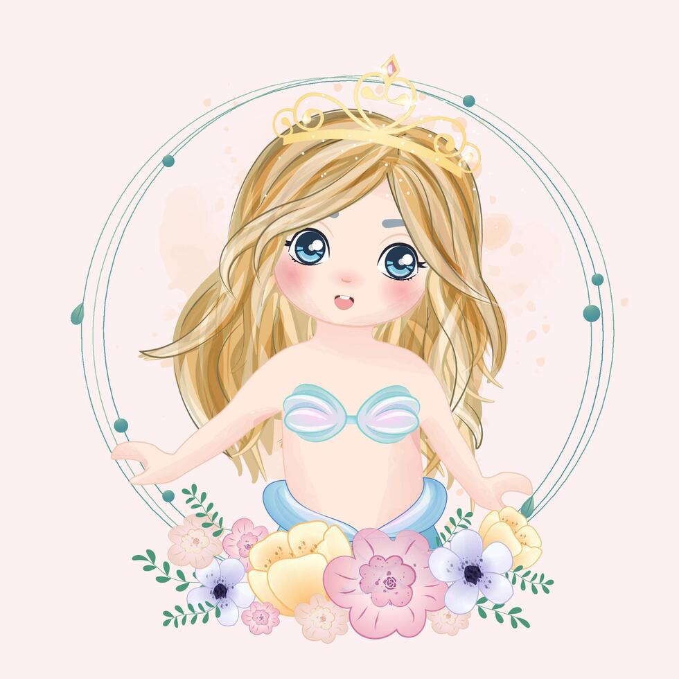 Watercolor Illustration set of cute mermaid and elements vector
