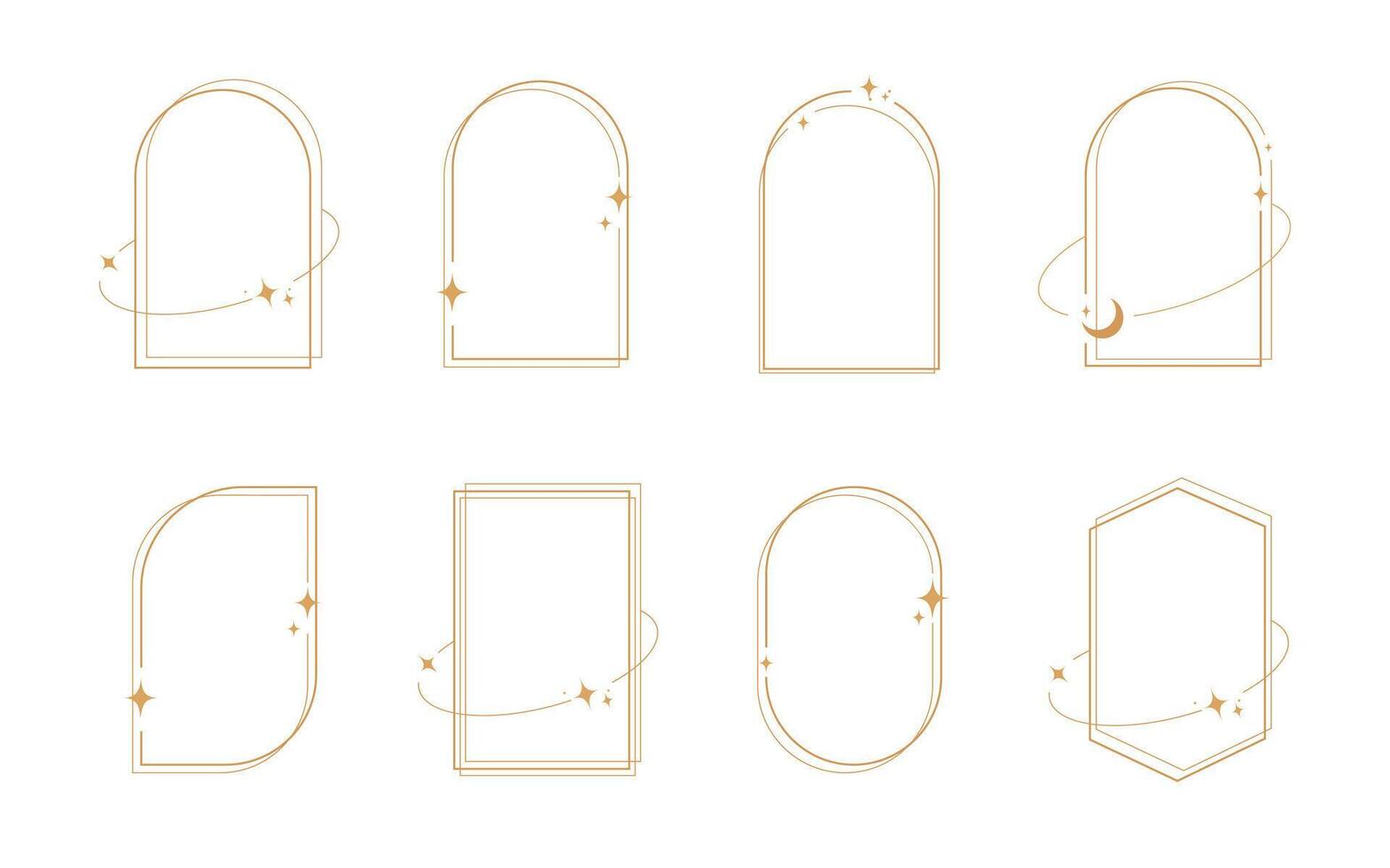 Modern minimalist aesthetic line elements, trendy linear frames with stars, geometric forms. Arch frame with sparkles for social media or poster design, simple decorative boho style border vector set