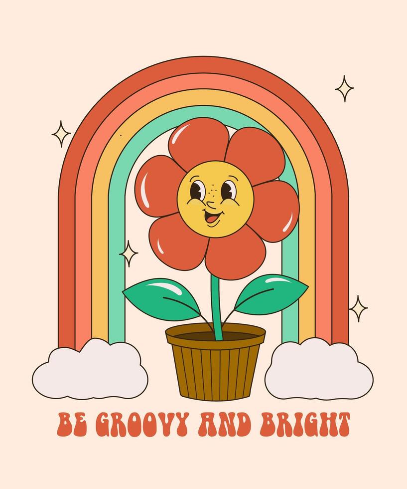 Groovy hippie 70s set. Funny cartoon flower, rainbow, peace, Love, heart, daisy, mushroom etc. Sticker pack in trendy retro psychedelic cartoon style. Isolated vector illustration. Flower power.