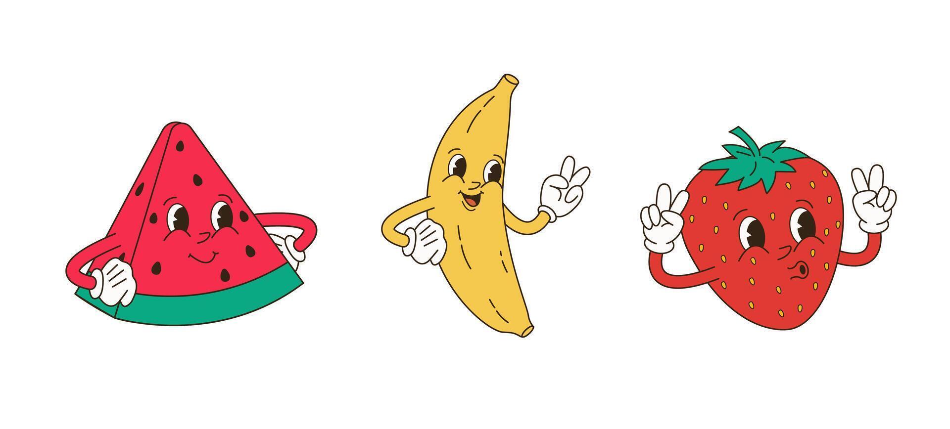 Retro Cartoon Character Fruit Set. Vector Funny Illustration with Banana, Cherry, Lemon, Strawberry, Watermelon