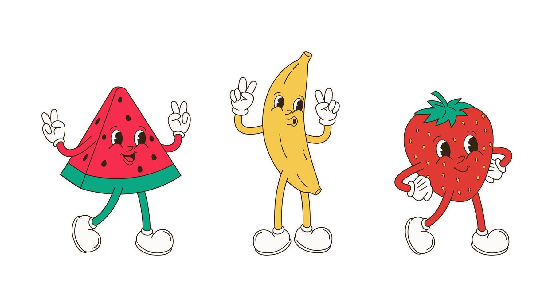 retro dibujos animados personaje Fruta colocar. vector gracioso ilustración con banana, cereza, limón, fresa, sandía