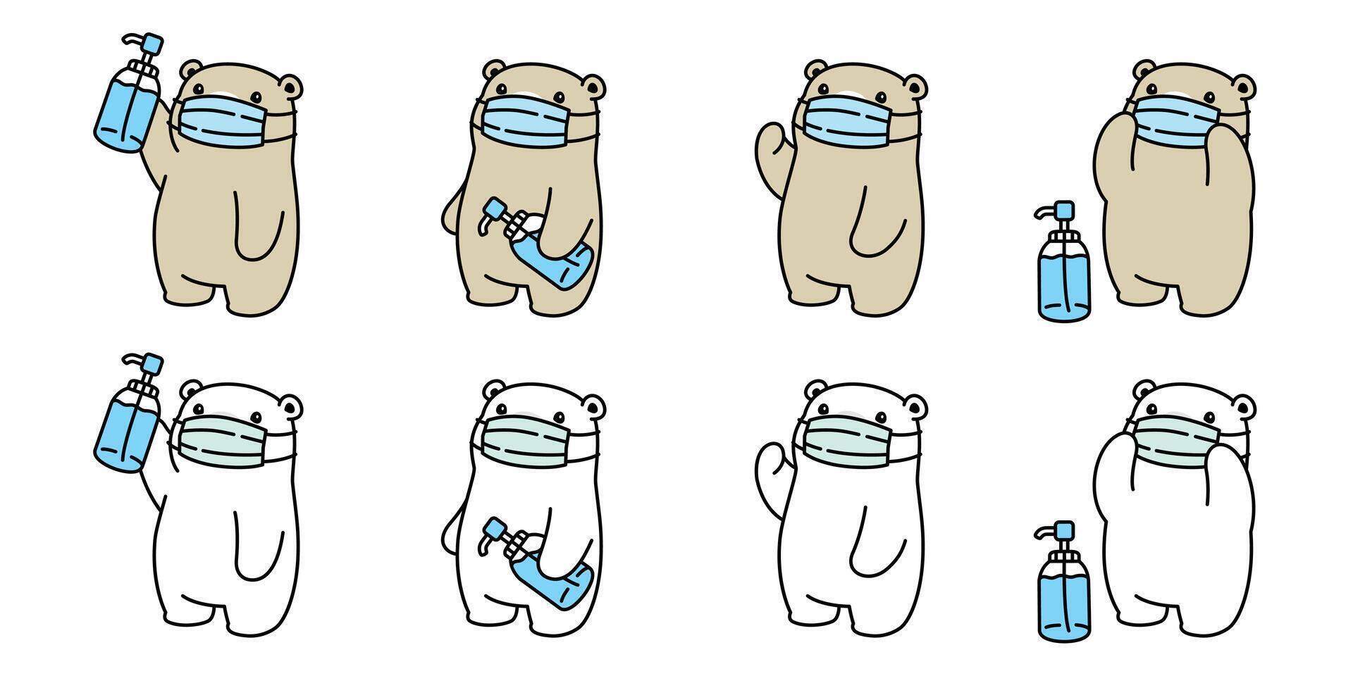 oso vector cara máscara covid-19 polar oso coronavirus virus icono alcohol gel osito de peluche logo símbolo personaje dibujos animados ilustración diseño