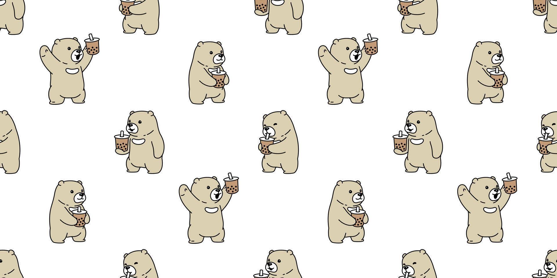 bear seamless pattern polar bear Boba milk tea vector bubble milk tea cartoon scarf isolated repeat wallpaper tile background doodle illustration design