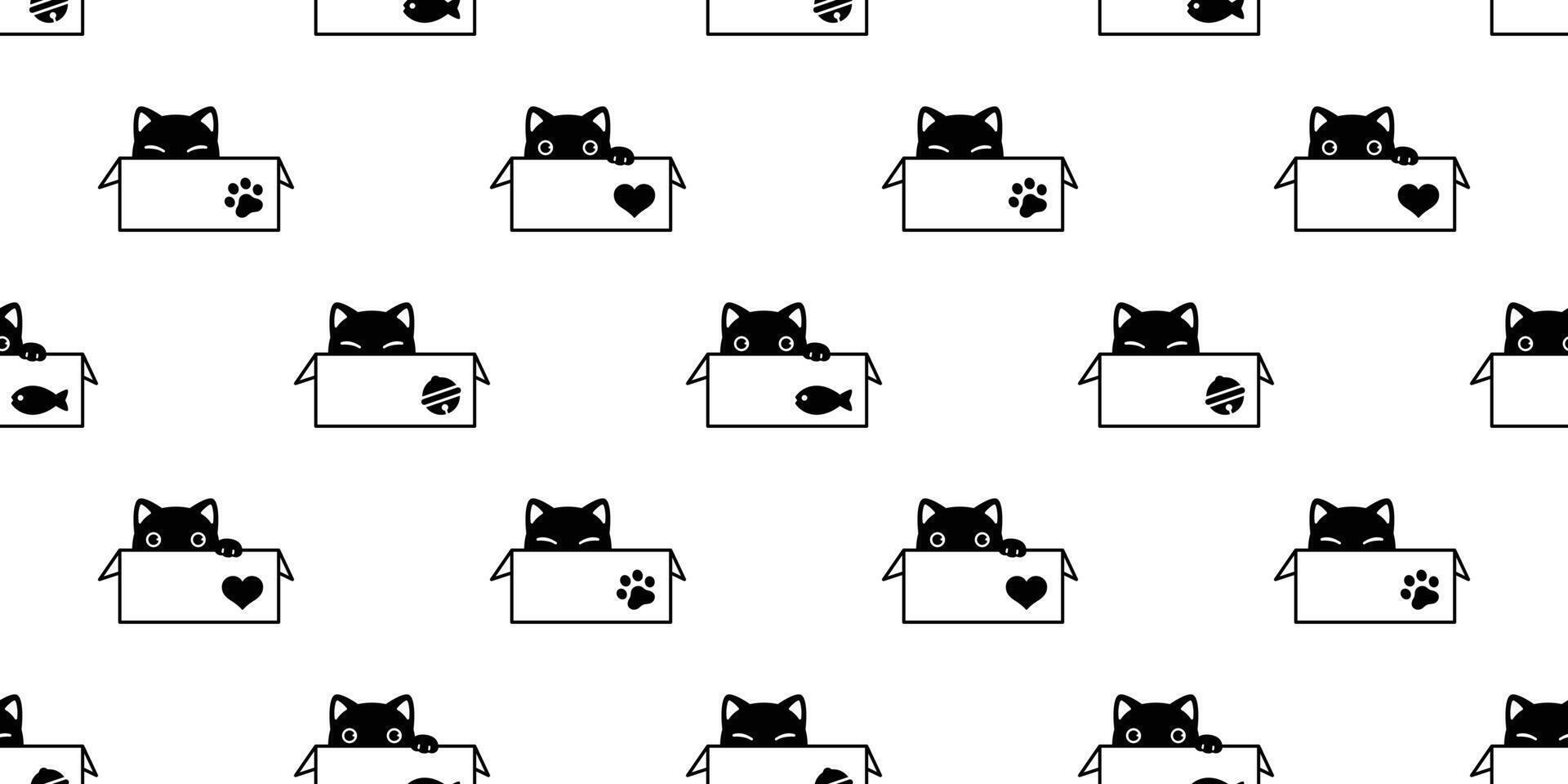 cat seamless pattern kitten box vector paw footprint heart bell fish calico pet animal scarf isolated repeat background cartoon tile wallpaper doodle illustration black design