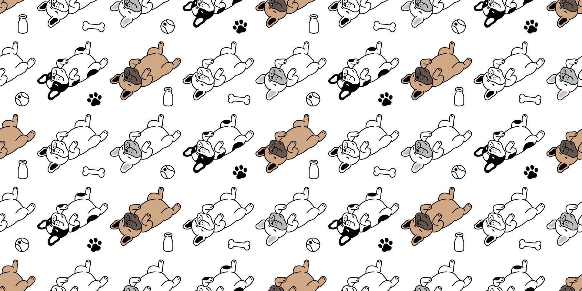 dog seamless pattern french bulldog vector sleeping pet puppy animal toy footprint paw bone ball scarf isolated repeat wallpaper tile background cartoon doodle illustration design