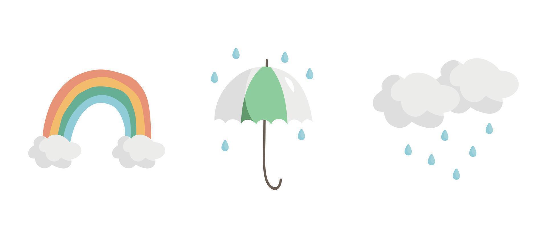 Rainbow with clouds and umbrella in doodle style. vector