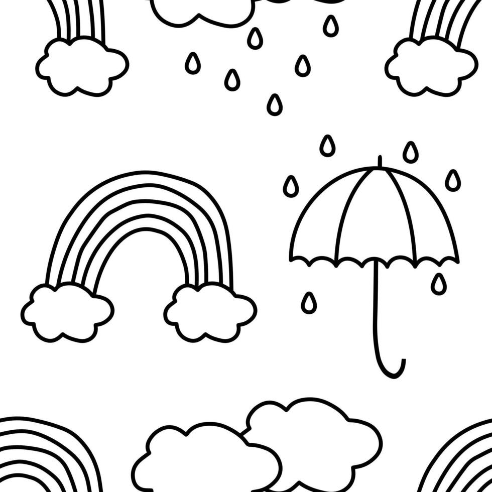 Rainbow with clouds and umbrella vector pattern in doodle style.