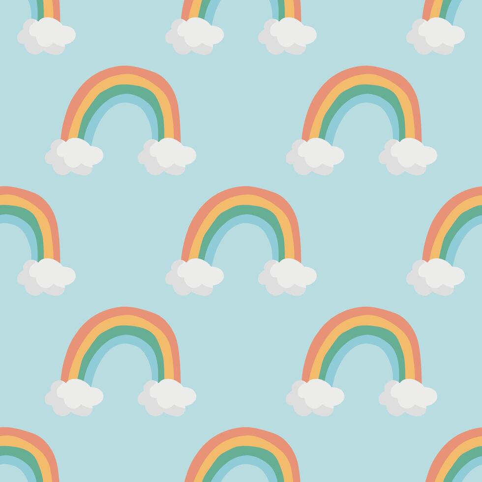 Rainbow with clouds vector pattern in doodle style.