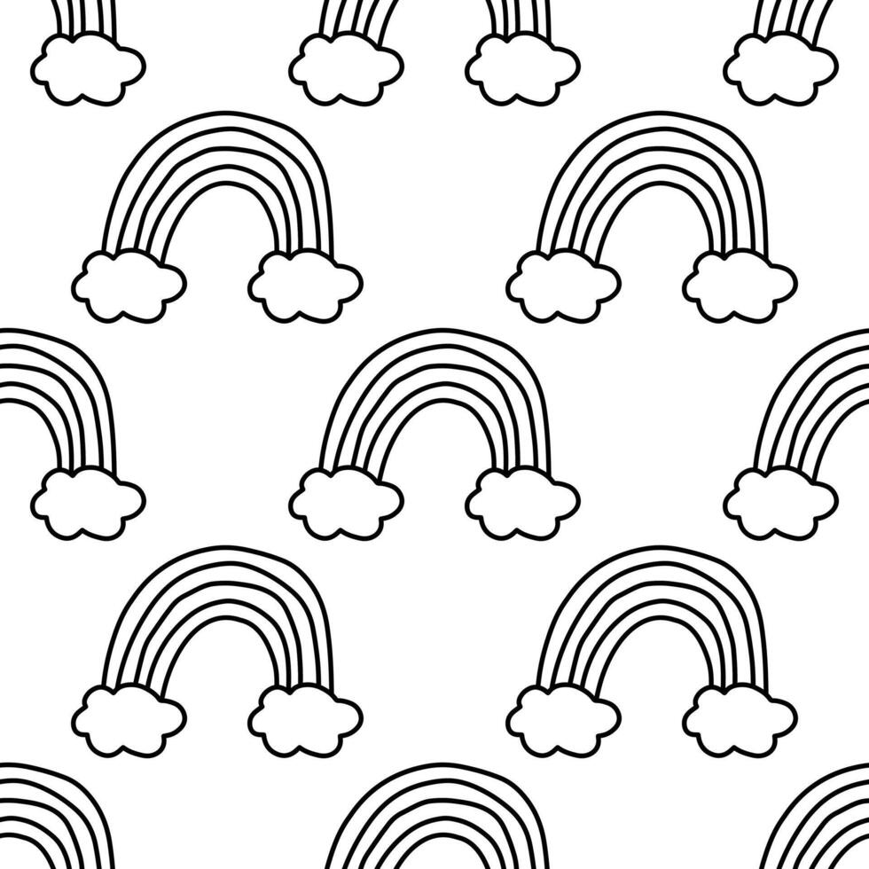 Rainbow with clouds vector pattern in doodle style.