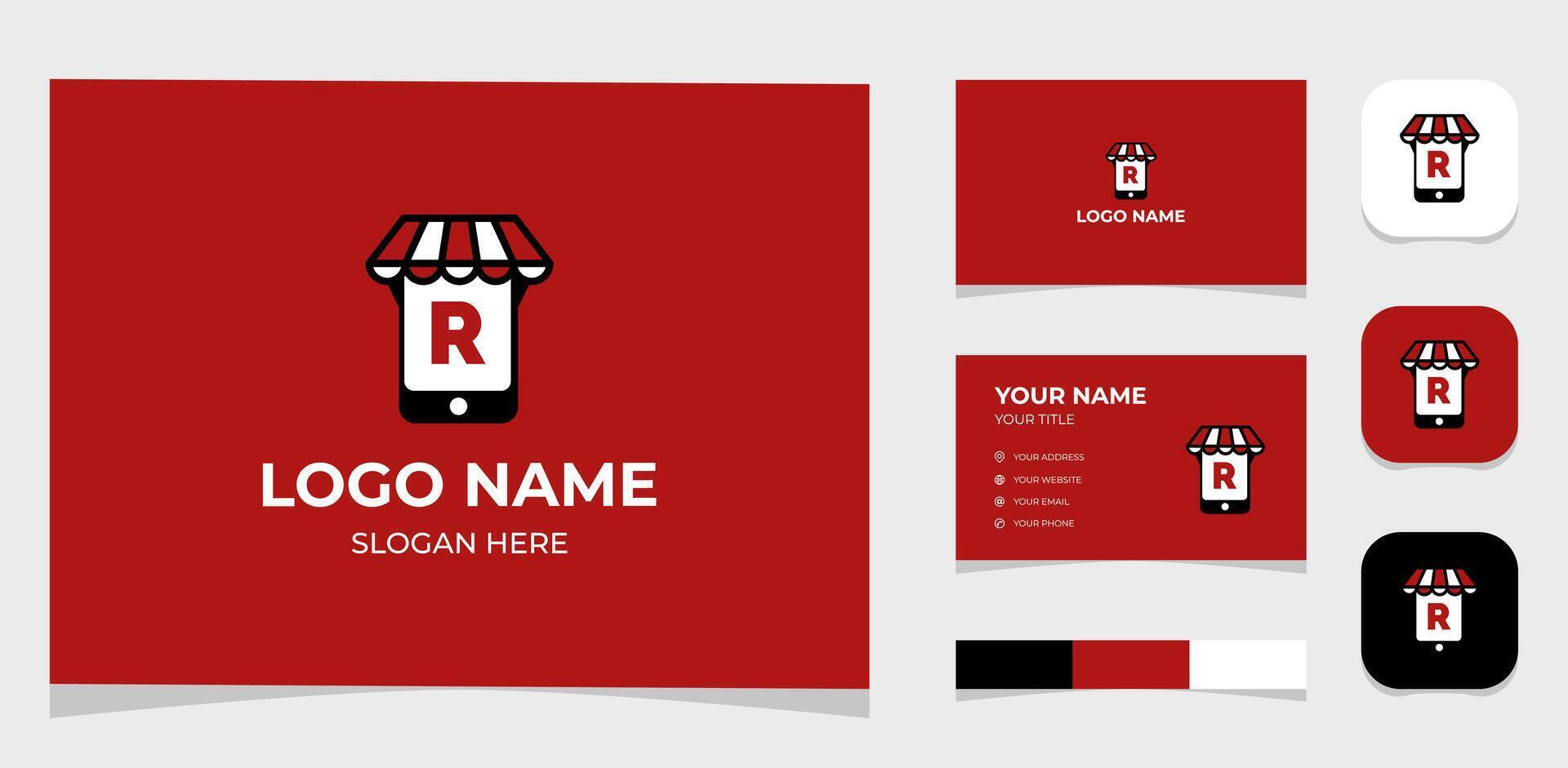 Template Logo Creative Initial Letter R in phone shape and store concept. Creative Template with color pallet, visual branding, business card and icon. vector