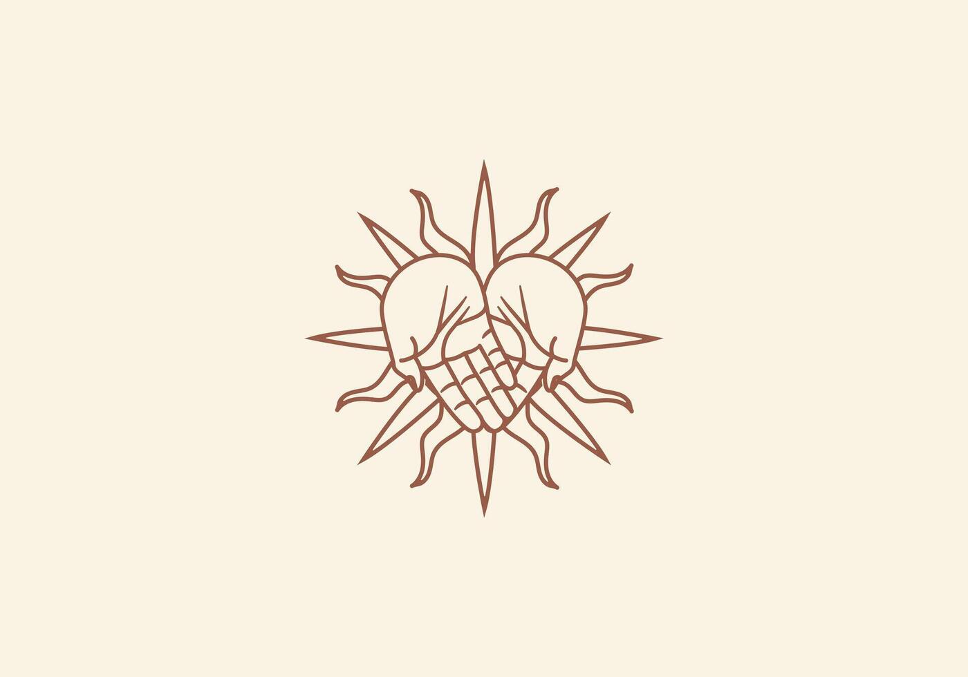 Logo Line Open Hand Looking Up or Asking or Pray With Sun concept, Sunshine, Spiritual Logo Concept. Boho, Line, handrawn logo design, editable color vector