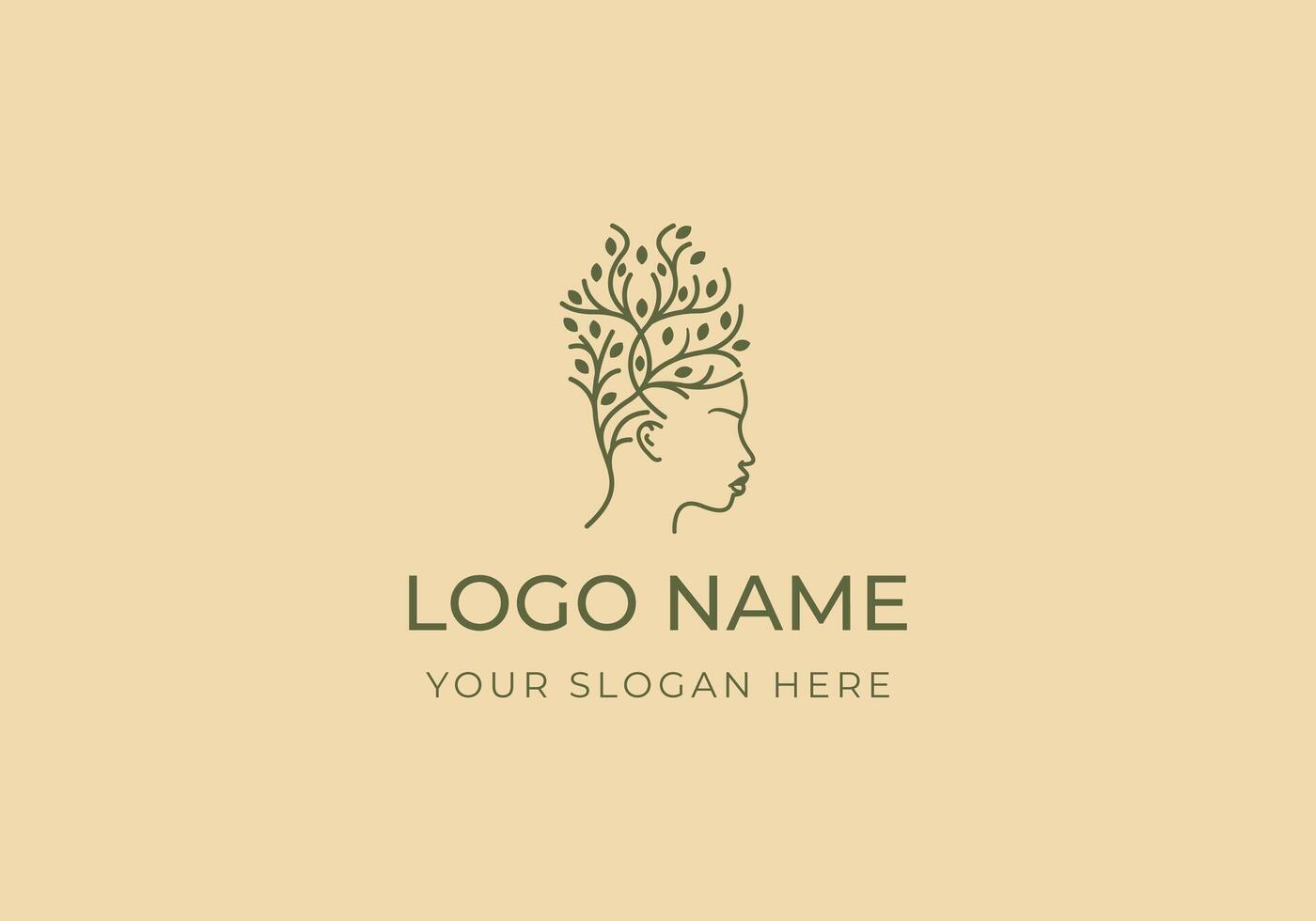Logo Women Hair with Botanical Tree Concept. Yoga, Nature, Female Logo Design. Editable color vector