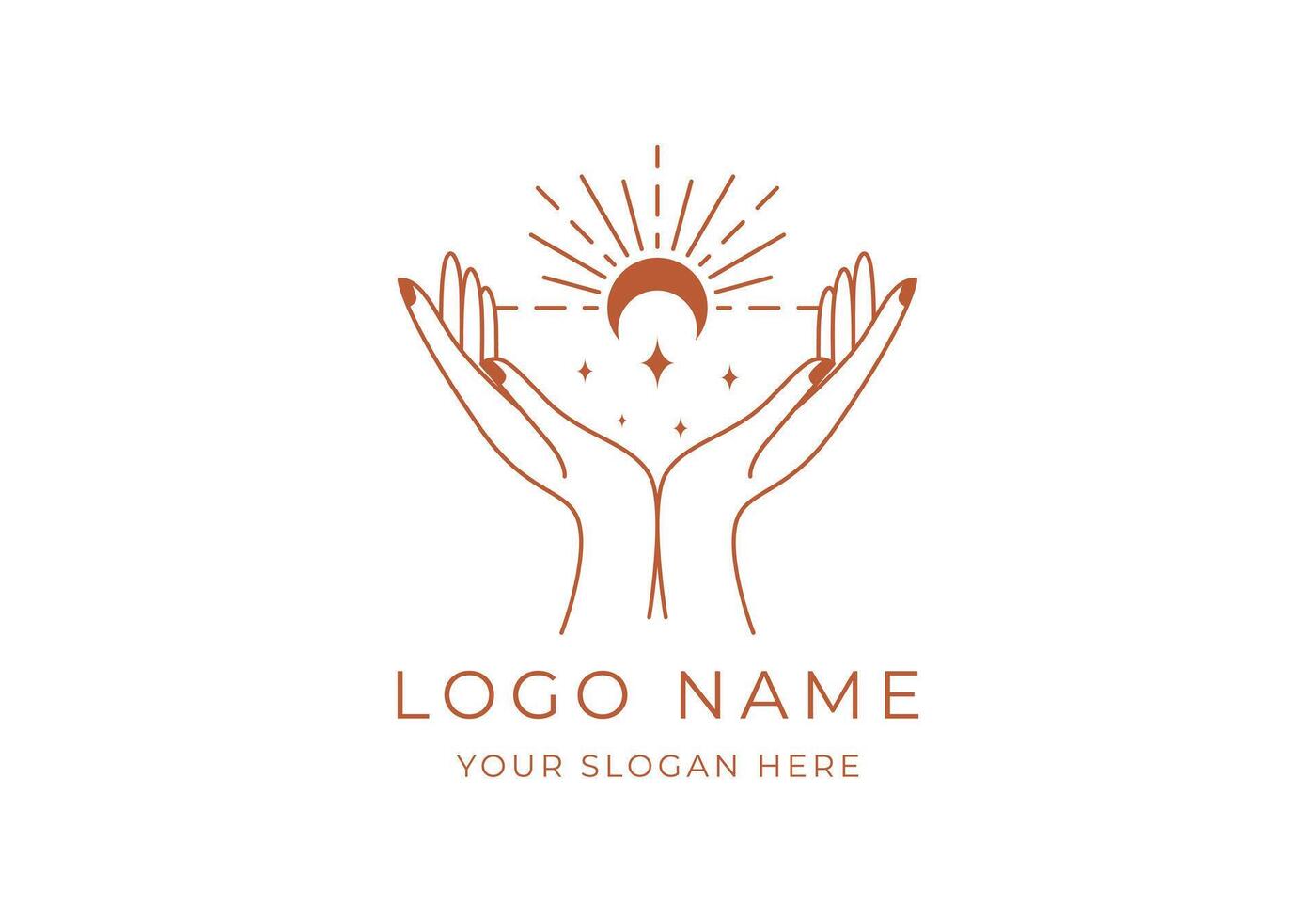 Logo Line Open Hand Looking Up or Asking or Pray With Moon concept. Stars, Moon and Spiritual Logo Concept. Boho, Line, handrawn logo design, editable color vector