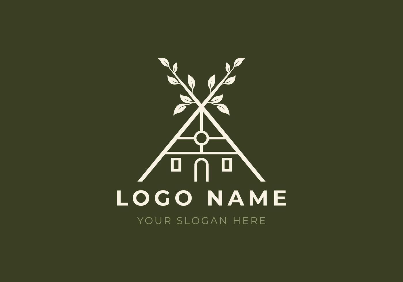 Logo homestay or villa and rooftop with tree leaf. Hospitality, home, nature, botanical logo design. Editable color vector