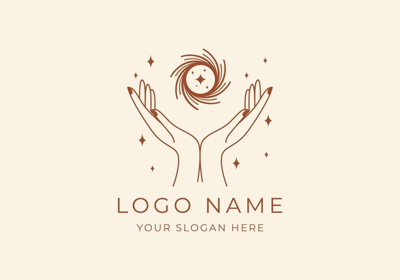 Logo Line Open Hand Looking Up or Asking or Pray With Spiral concept, Hole, Spiral Logo Concept. Boho, Line, handrawn logo design, editable color vector