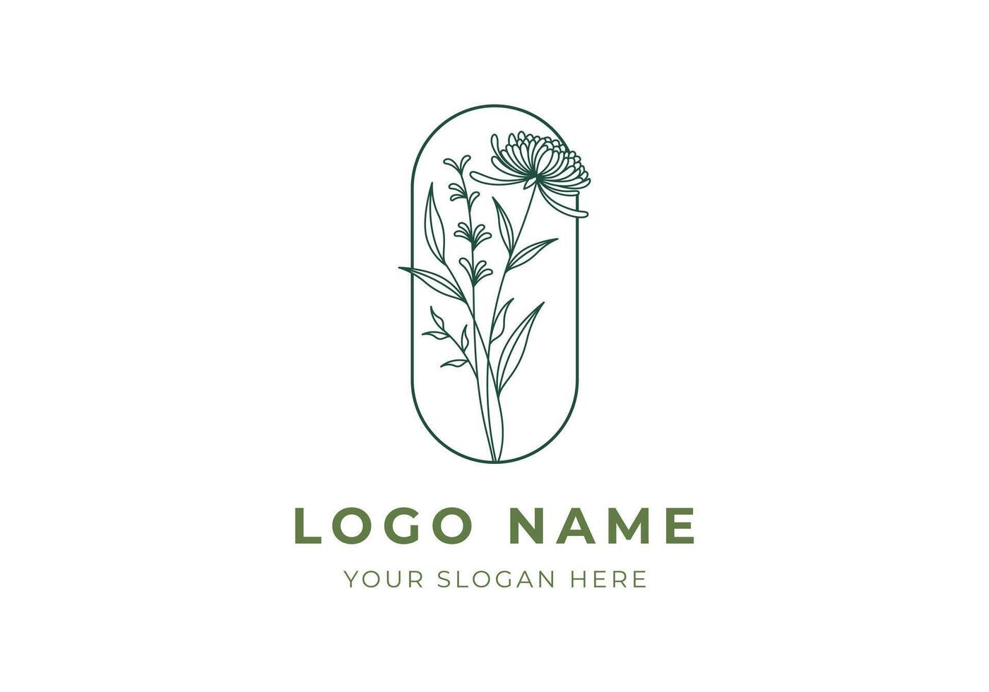 Logo Line Dandelion Flower with rounded border. Line art, boho, floral, classic, logo design, editable color vector
