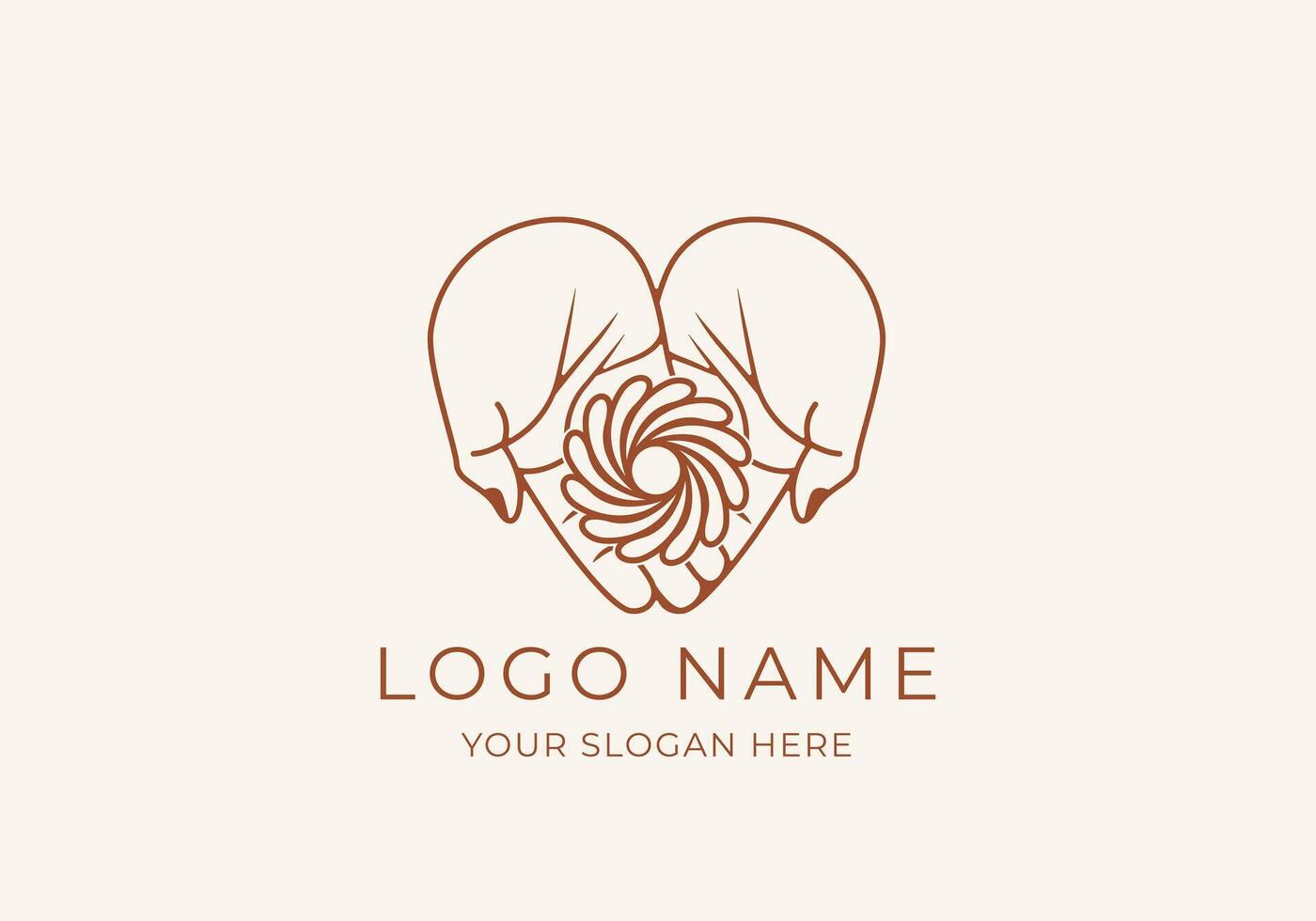 Logo Line Open Hand Looking Up or Asking or Pray With Spiral concept, Hole, Spiral Logo Concept. Boho, Line, handrawn logo design, editable color vector