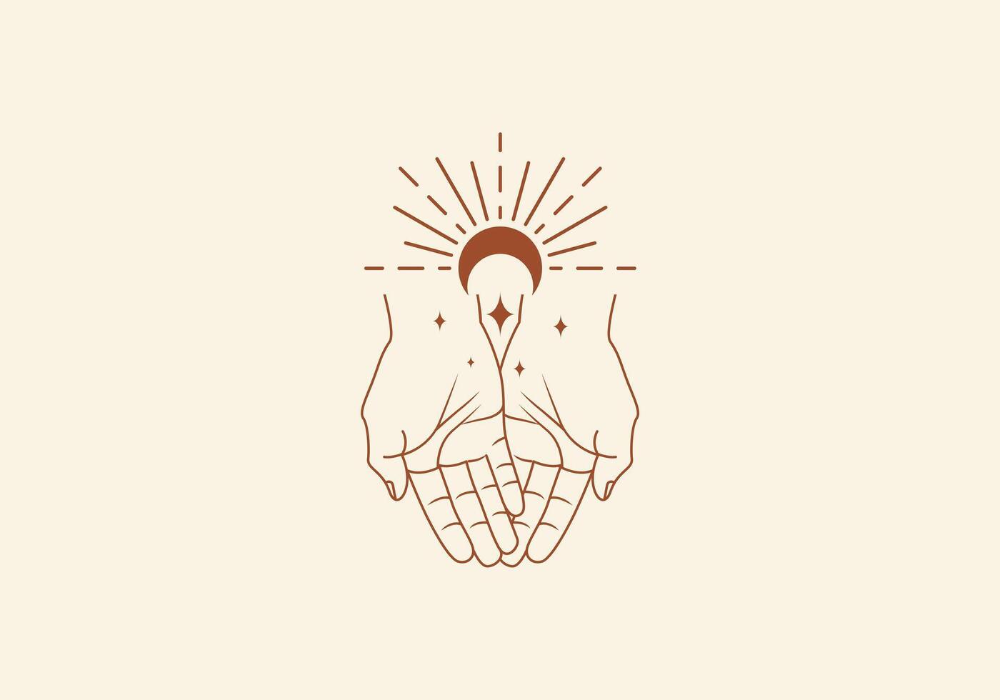 Logo Line Open Hand Looking Up or Asking or Pray With Spiritual concept, Moon, Stars, Spiritual Logo Concept. Boho, Line, handrawn logo design, editable color vector