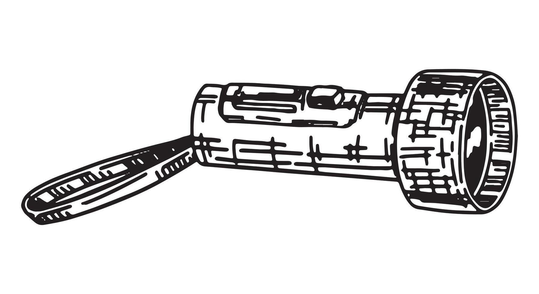 Flashlight sketch. Clipart of hiking equipment, travel attribute. Hand drawn vector illustration isolated on white.