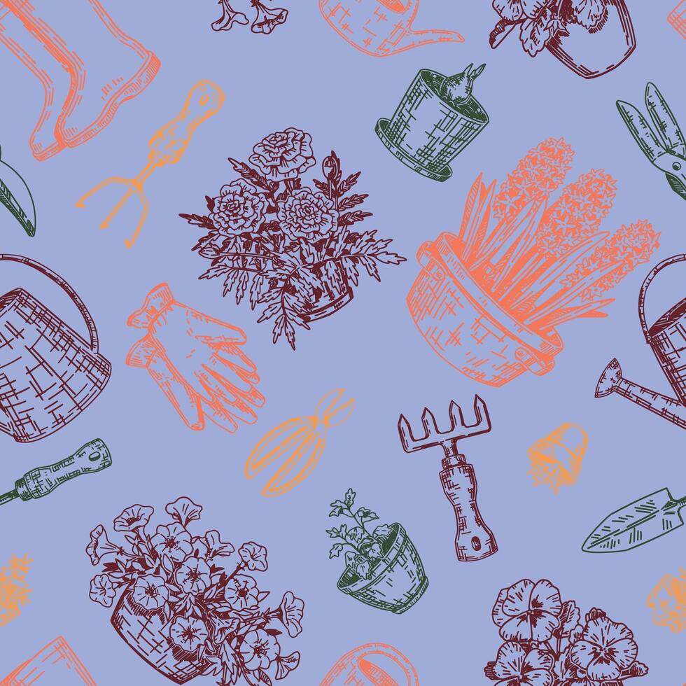 Spring gardening seamless pattern. Ornament of potted plants, gloves, rubber boots, watering cans, garden tools. Design in retro engraving style. vector