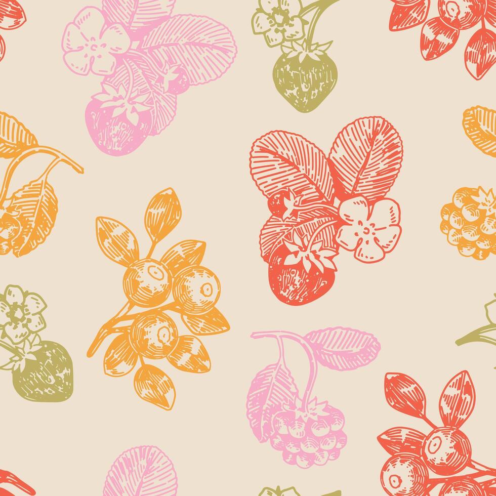 Spring berries seamless pattern. Ornament of strawberry, blueberry, raspberry. Design in retro engraving style. vector