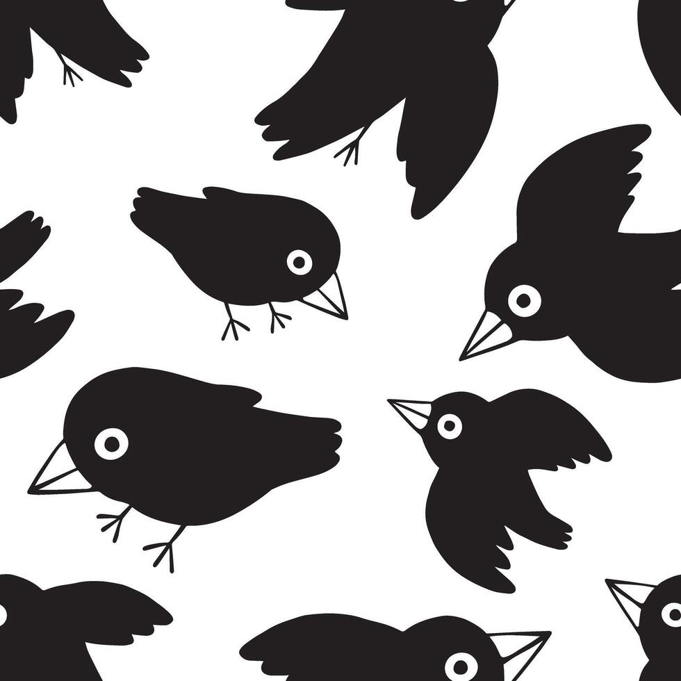 Hand drawn graphic vector background. Cartoon ravens. Cute birds seamless pattern. Wallpaper isolated in white. Drawing for child's. Design for wrapping paper, fabric, cards, prints and etc.