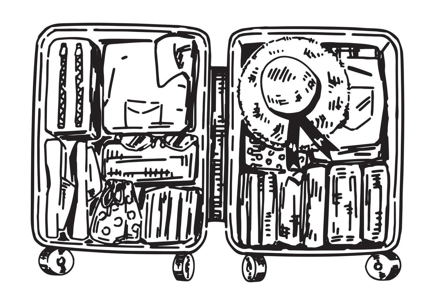 Sketch of opened suitcase full of things. Clipart of travel baggage, luggage, trip attribute. Hand drawn vector illustration isolated on white.