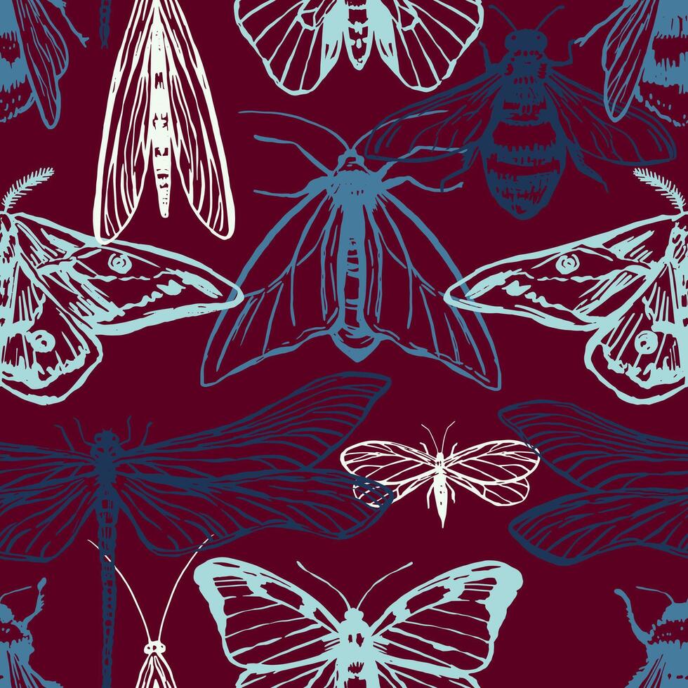 Flying insects vector seamless pattern. Hand drawn illustration of bugs, butterflies, dragonfly, moth, bees. Retro style ornament for design background, decor, wallpaper.