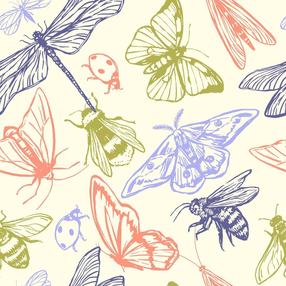 Flying insects vector seamless pattern. Hand drawn illustration of bugs, butterflies, dragonfly, moth, ladybug, bees. Retro style ornament for design background, decor, wallpaper.