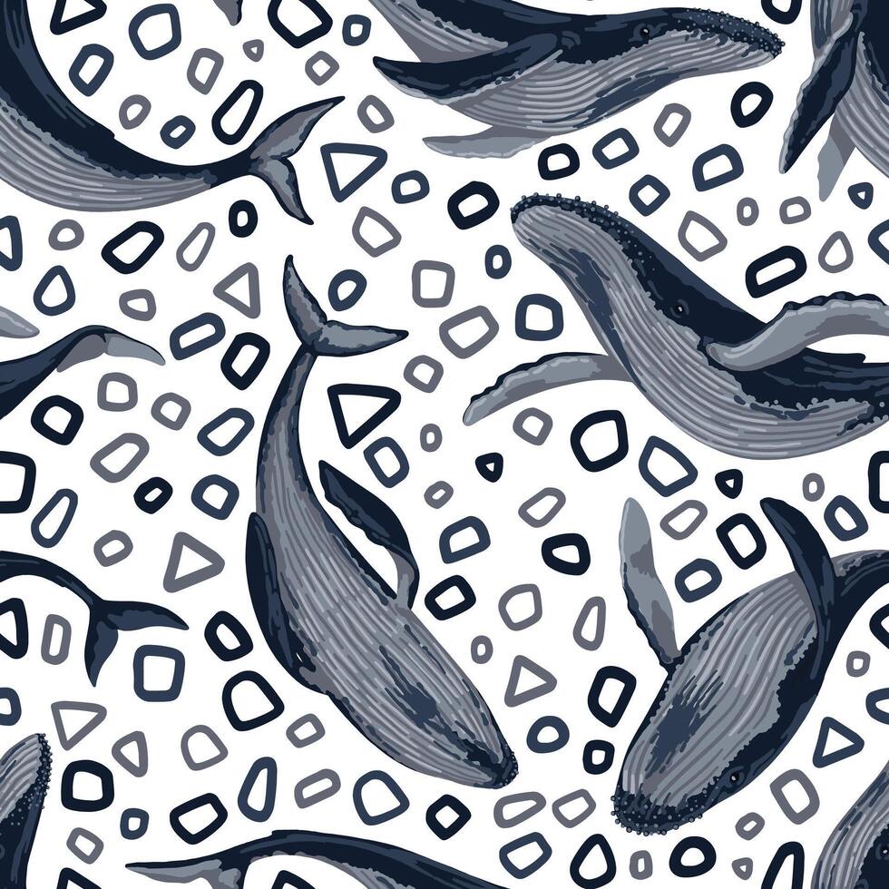 Seamless pattern of blue whales. Hand drawn vector illustration. Ocean animal abstract ornament. Beautiful underwater fauna.