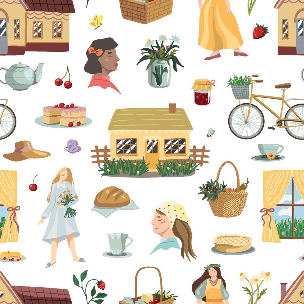 Cottagecore theme vector seamless pattern. Cute girls, cozy cottage, homemade baking, flowers, berries. Colorful cartoon ornament. For design fabric, textile, background, wallpaper
