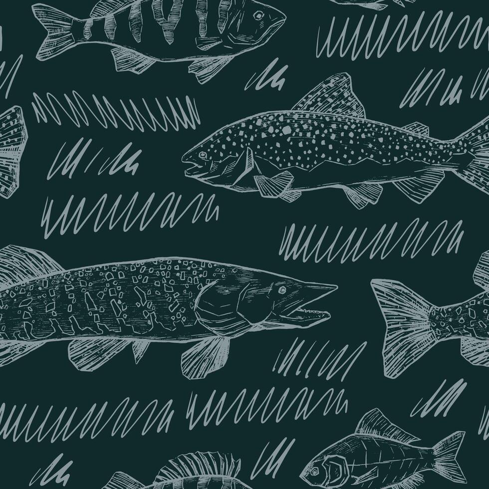 Hand drawn vector seamless pattern of river fish. Trout, Perch, Pike, Crucian realistic ink sketches background. Vintage animalistic design for wallpapers, wrap, textile, card, print, fabric.