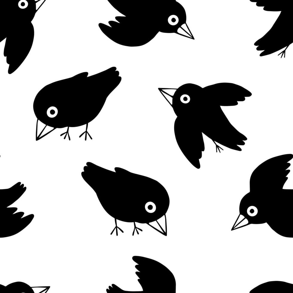 Cute flat ravens. Abstract hand drawn vector seamless pattern. Cartoon ornament with birds. Funny modern design for print, fabric, textile, background, wallpaper, wrap, card, decor.